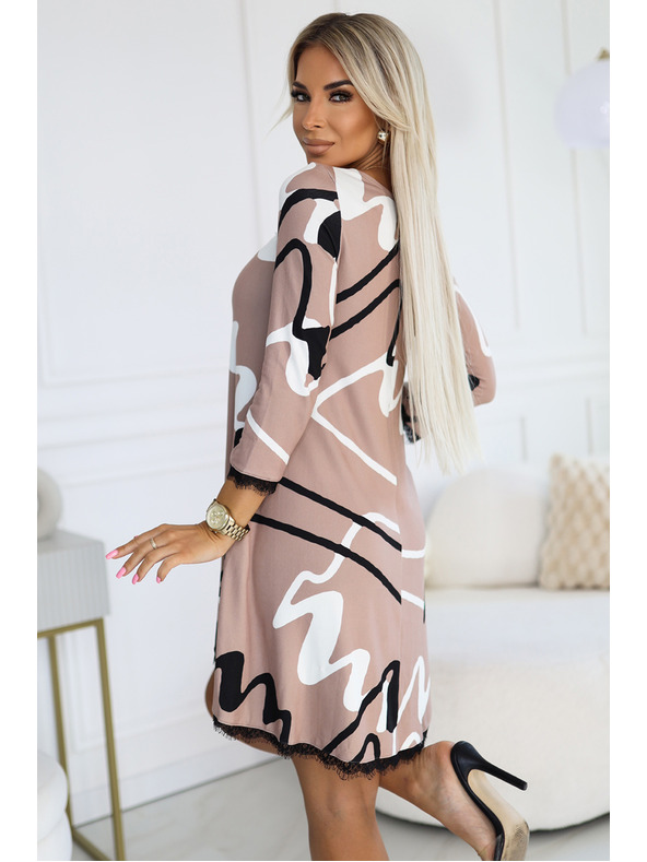 numoco Трапецовидни плетени рокли с дантела - бежови с черно-бял десен