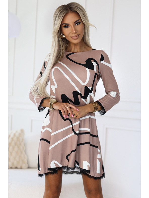 numoco Трапецовидни плетени рокли с дантела - бежови с черно-бял десен