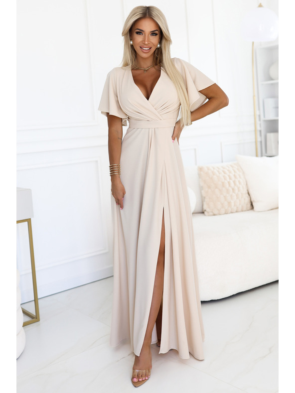 numoco JENNIFER дълги рокли с цепка при крачола, ръкави и деколте - бежови