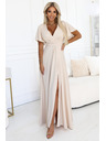 numoco JENNIFER дълги рокли с цепка при крачола, ръкави и деколте - бежови