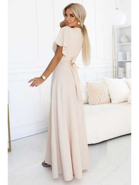 numoco JENNIFER дълги рокли с цепка при крачола, ръкави и деколте - бежови