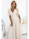 numoco JENNIFER дълги рокли с цепка при крачола, ръкави и деколте - бежови