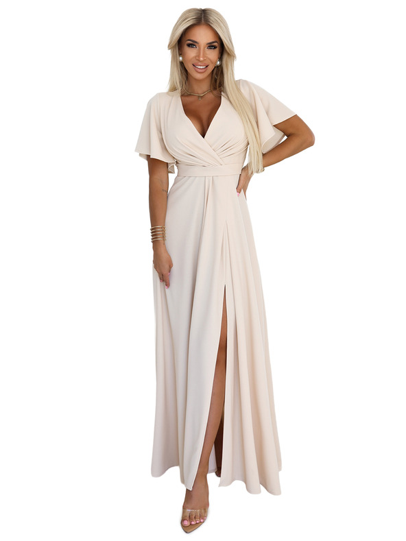 numoco JENNIFER дълги рокли с цепка при крачола, ръкави и деколте - бежови