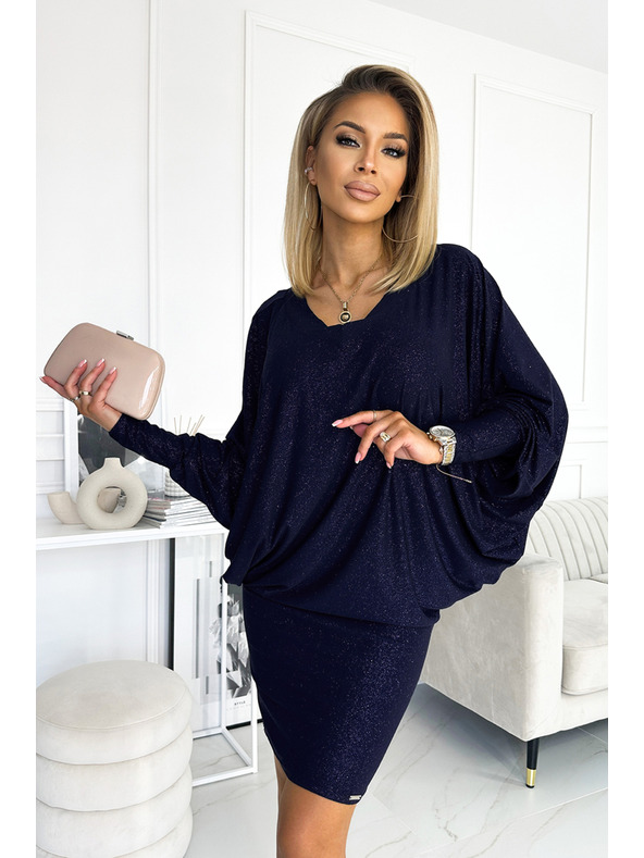 numoco Рокля с деколте тип прилеп - тъмносиня със сребристи елементи