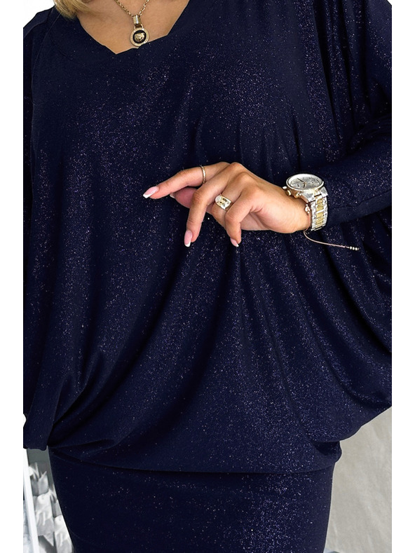 numoco Рокля с деколте тип прилеп - тъмносиня със сребристи елементи