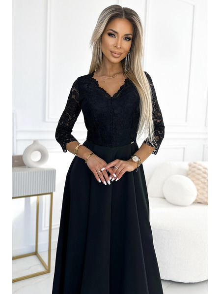 numoco AMBER дантелени, елегантни дълги рокли с деколте и цепка при крачолите - черни