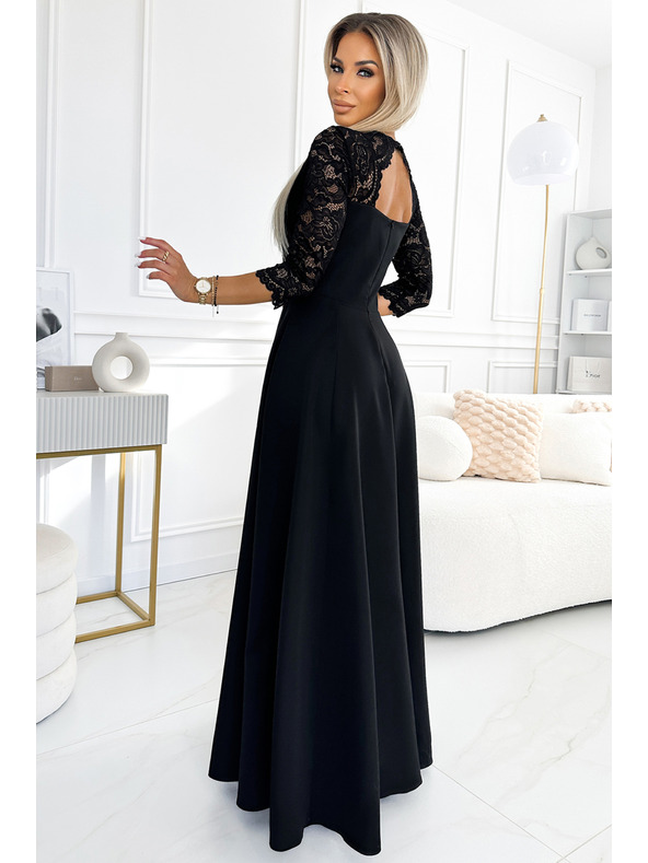 numoco AMBER дантелени, елегантни дълги рокли с деколте и цепка при крачолите - черни