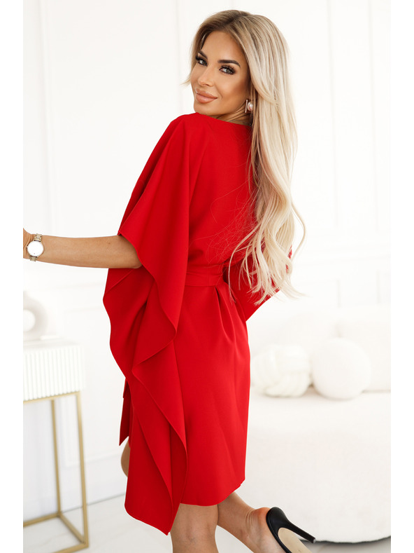 numoco SOFIA Рокля с мотив пеперуда и панделка в талията - червена