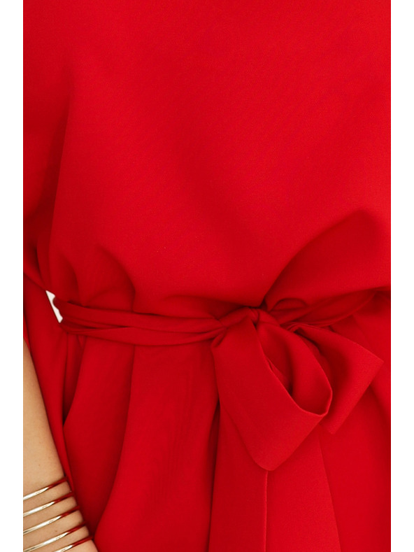 numoco SOFIA Рокля с мотив пеперуда и панделка в талията - червена