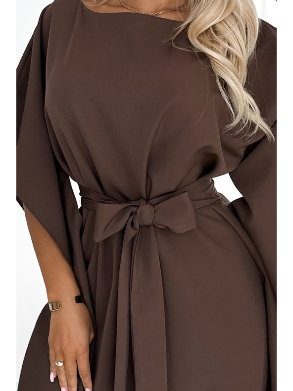 numoco SOFIA Butterfly рокля с колан в талията - шоколадово