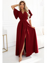numoco JENNIFER дълга рокля с цепка на крачолите, ръкав и деколте - винено червено