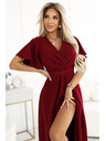 numoco JENNIFER дълга рокля с цепка на крачолите, ръкав и деколте - винено червено