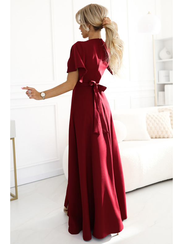 numoco JENNIFER дълга рокля с цепка на крачолите, ръкав и деколте - винено червено