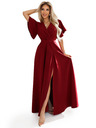 numoco JENNIFER дълга рокля с цепка на крачолите, ръкав и деколте - винено червено