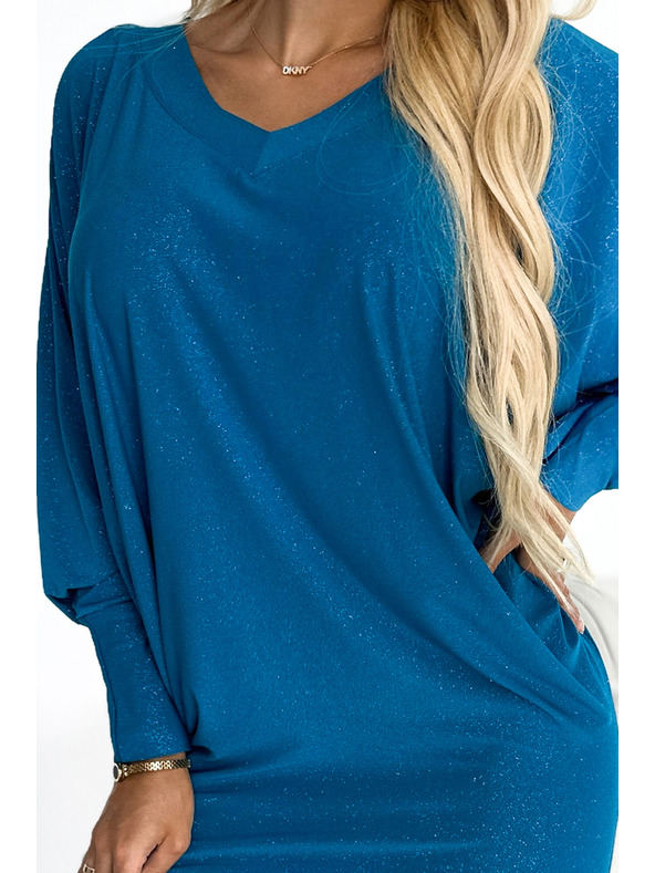 numoco Прилеп рокля с деколте - морско синьо със светещи елементи