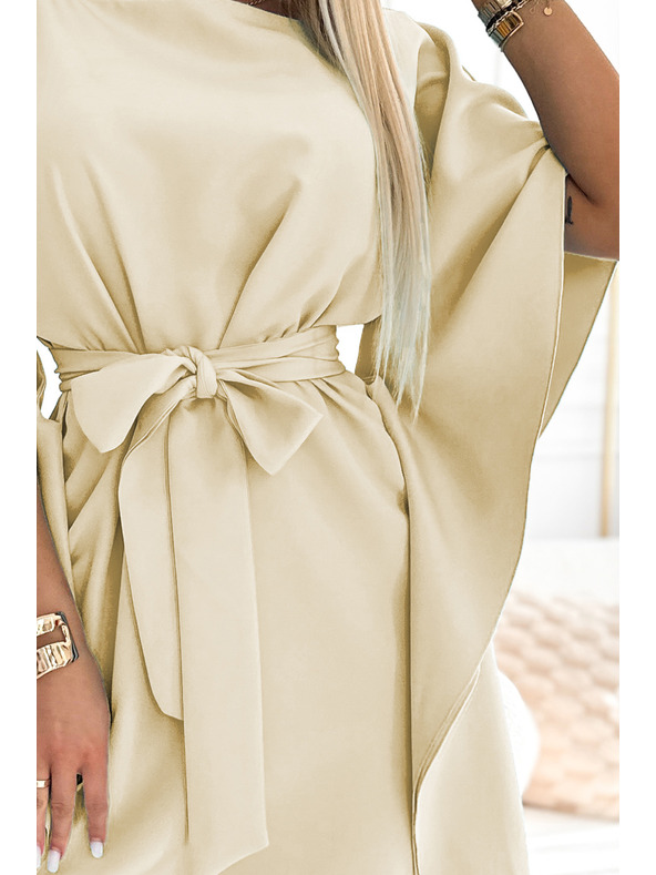 numoco SOFIA Butterfly рокля с колан в талията - бежово