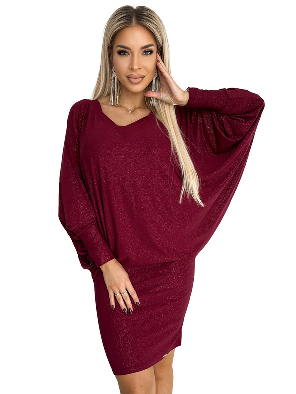 numoco Прилеп рокля с деколте - винено червено със светещи елементи