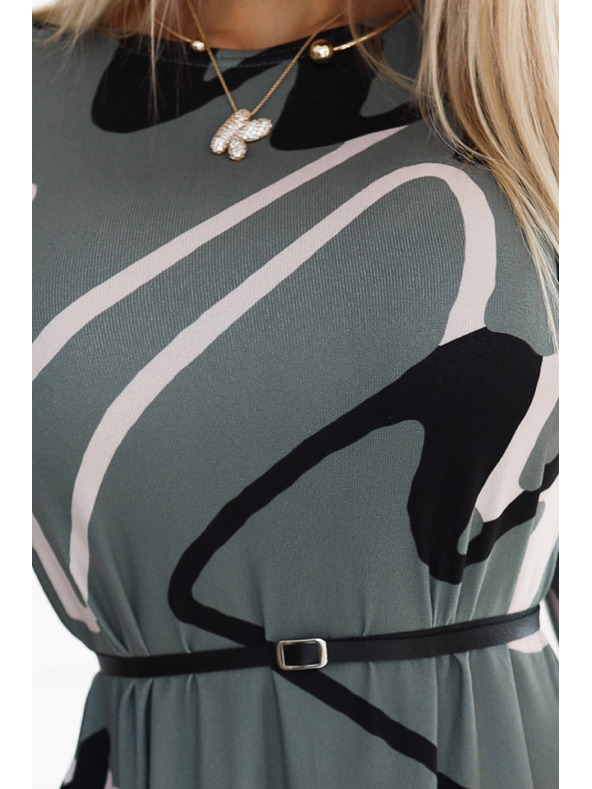 numoco Трапецовидна плетена рокля с колан - маслинова с черно-бежов десен