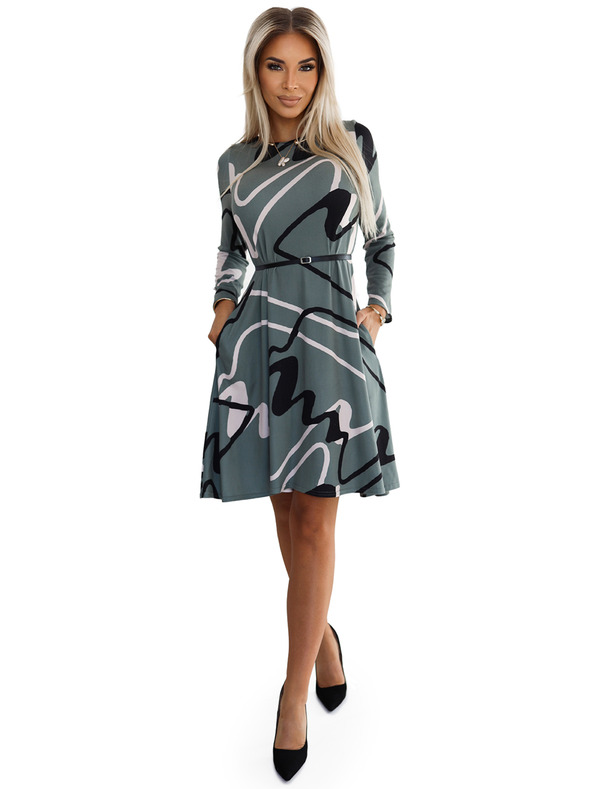 numoco Трапецовидна плетена рокля с колан - маслинова с черно-бежов десен