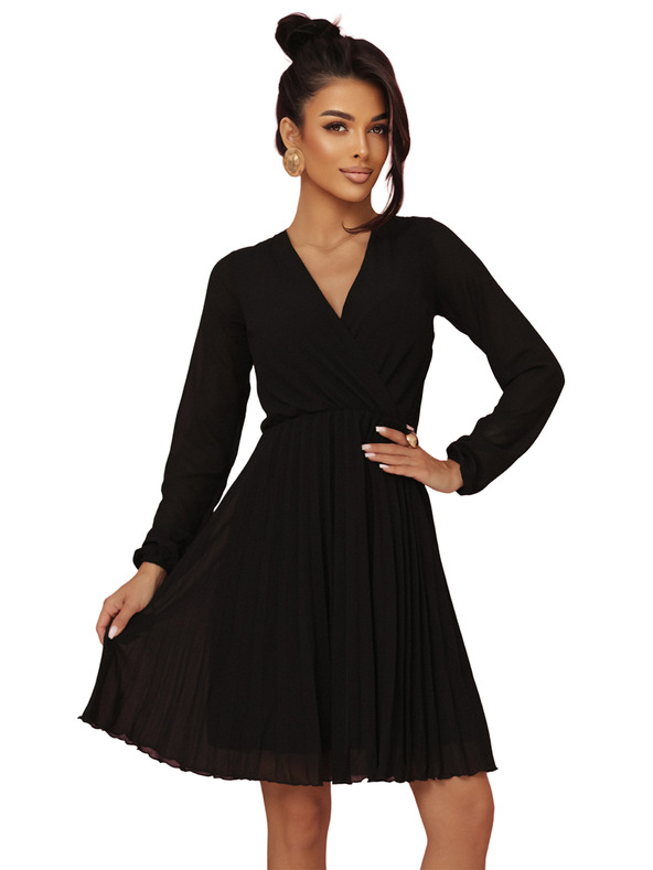 numoco ISABELLE Полска плисирана рокля с дълъг ръкав и деколте - черна