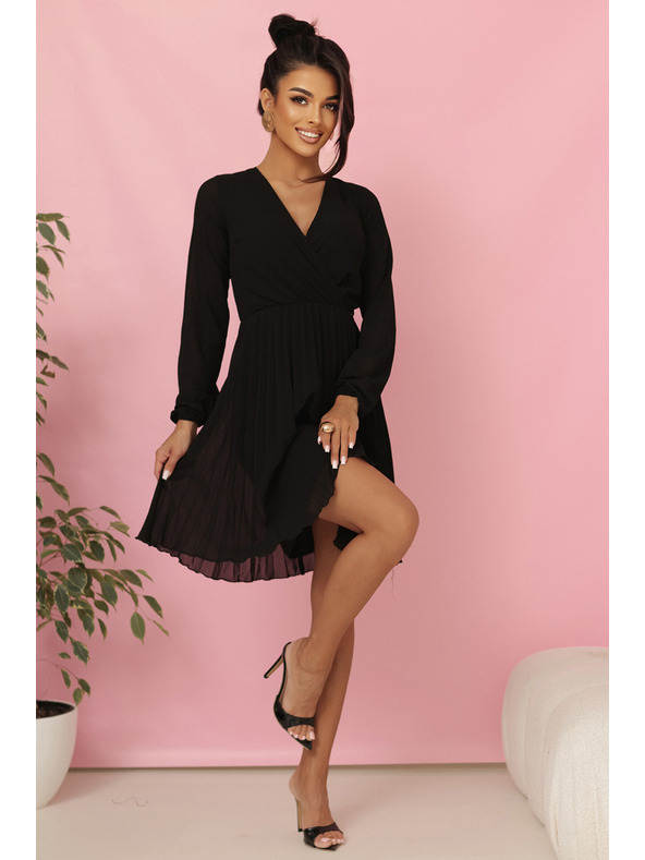 numoco ISABELLE Полска плисирана рокля с дълъг ръкав и деколте - черна