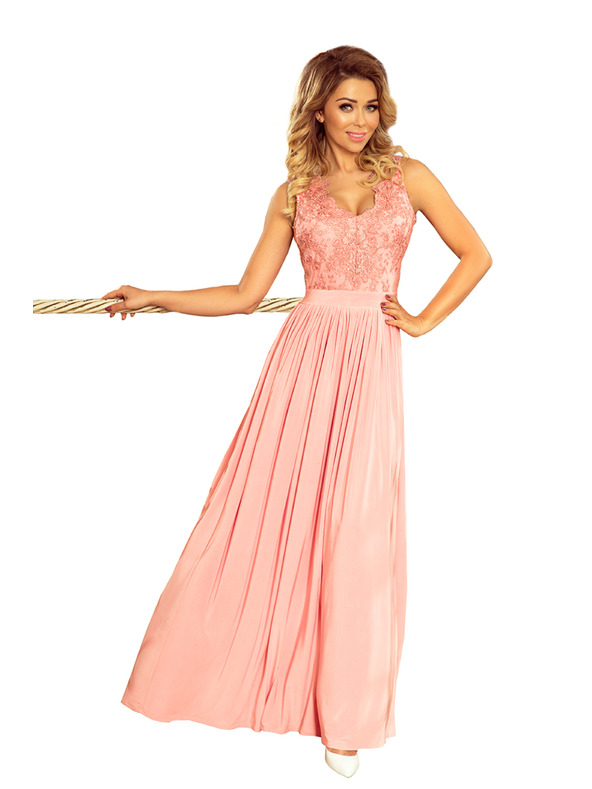 numoco LEA дълга рокля с бродиран деколте - розово