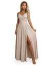 numoco CHIARA Макси рокля с презрамки, с V-образно деколте и цепка на крачола - шампанско бежово с лъскави нишки