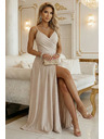 numoco CHIARA Макси рокля с презрамки, с V-образно деколте и цепка на крачола - шампанско бежово с лъскави нишки
