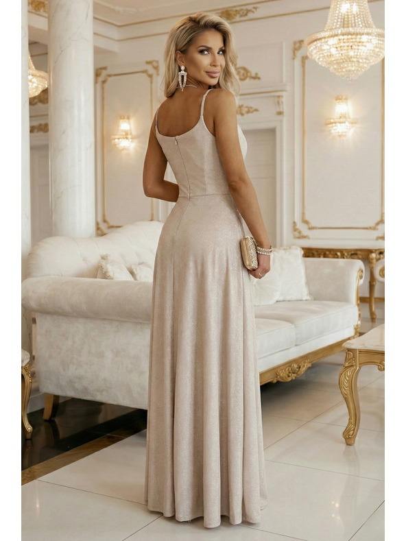 numoco CHIARA Макси рокля с презрамки, с V-образно деколте и цепка на крачола - шампанско бежово с лъскави нишки