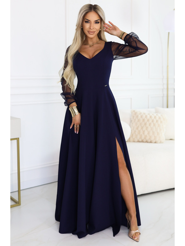 numoco LORETTA уникални дълга рокля с тюлени ръкави и деколте - тъмносиня
