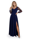 numoco LORETTA уникални дълга рокля с тюлени ръкави и деколте - тъмносиня