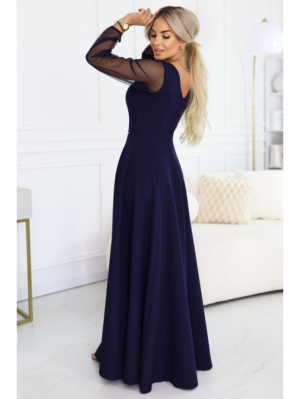 numoco LORETTA уникални дълга рокля с тюлени ръкави и деколте - тъмносиня