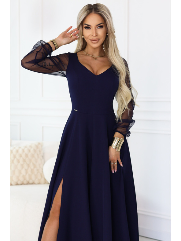 numoco LORETTA уникални дълга рокля с тюлени ръкави и деколте - тъмносиня