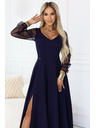 numoco LORETTA уникални дълга рокля с тюлени ръкави и деколте - тъмносиня