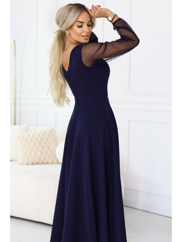 numoco LORETTA уникални дълга рокля с тюлени ръкави и деколте - тъмносиня
