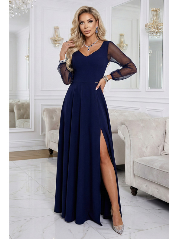 numoco LORETTA уникални дълга рокля с тюлени ръкави и деколте - тъмносиня