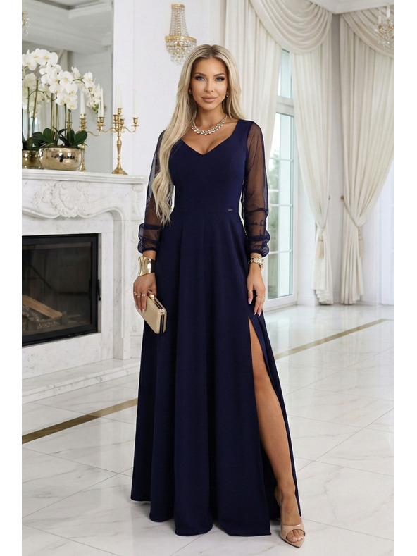numoco LORETTA уникални дълга рокля с тюлени ръкави и деколте - тъмносиня