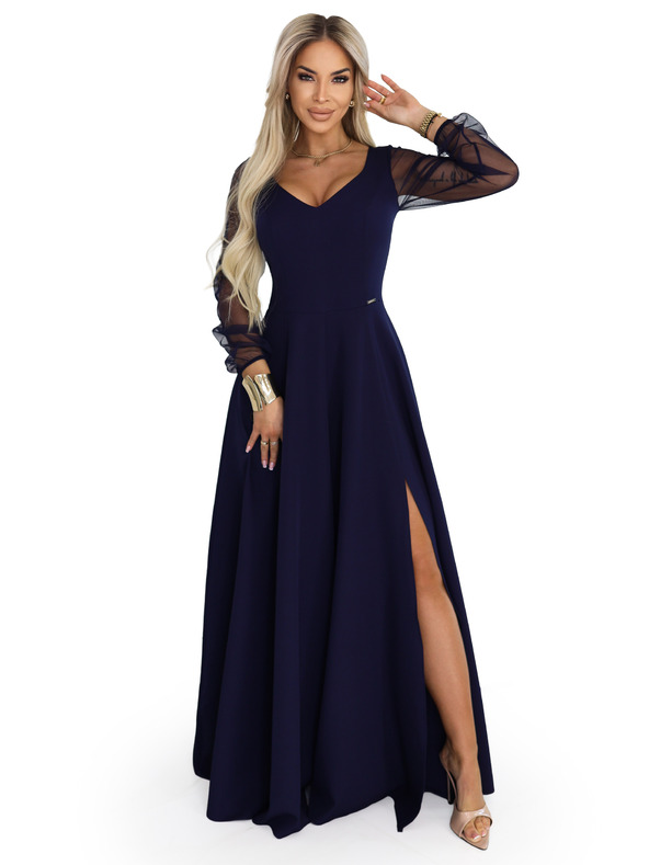 numoco LORETTA уникални дълга рокля с тюлени ръкави и деколте - тъмносиня