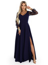 numoco LORETTA уникални дълга рокля с тюлени ръкави и деколте - тъмносиня