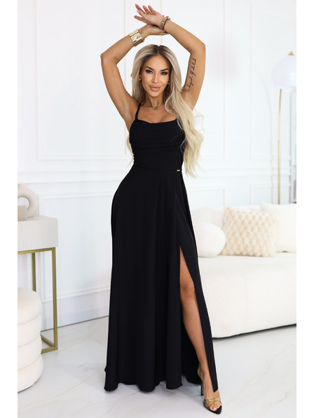 numoco Макси рокля с презрамки, корсет отзад и цепка - черна