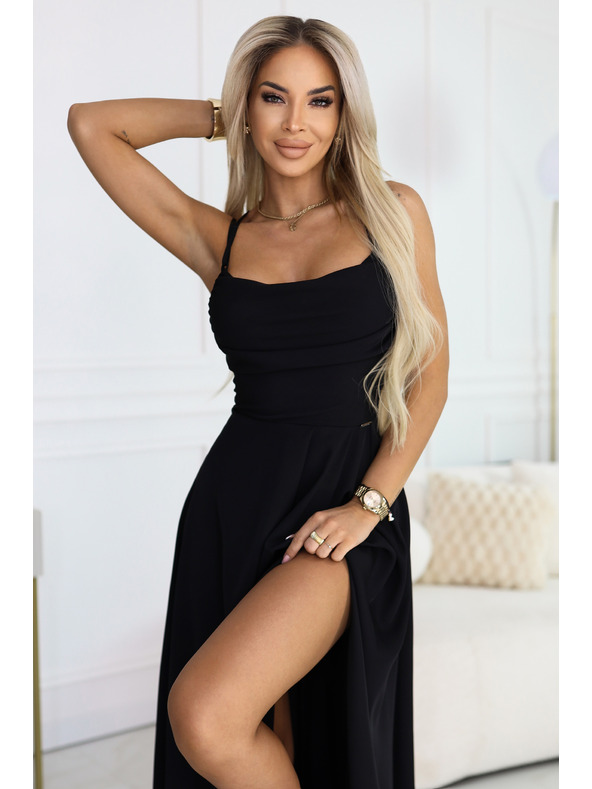 numoco Макси рокля с презрамки, корсет отзад и цепка - черна