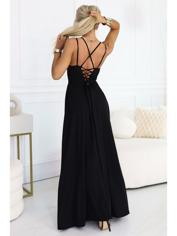 numoco Макси рокля с презрамки, корсет отзад и цепка - черна