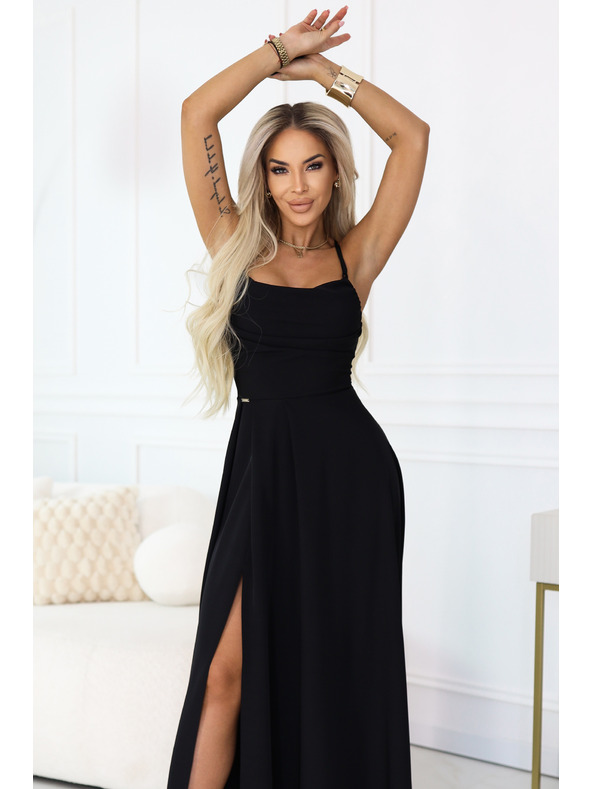 numoco Макси рокля с презрамки, корсет отзад и цепка - черна
