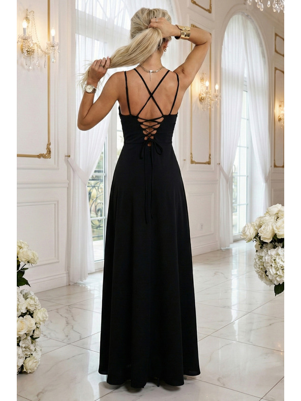 numoco Макси рокля с презрамки, корсет отзад и цепка - черна