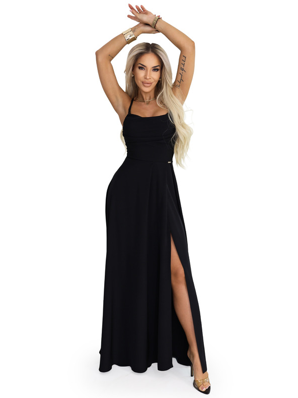 numoco Макси рокля с презрамки, корсет отзад и цепка - черна