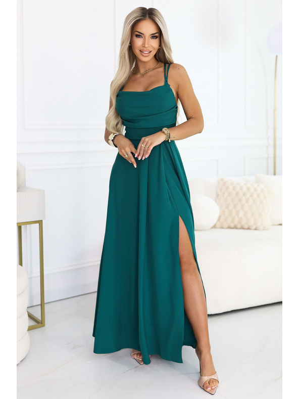 numoco Макси рокля с презрамки с корсетно закопчаване отзад и цепка - тъмнозелена