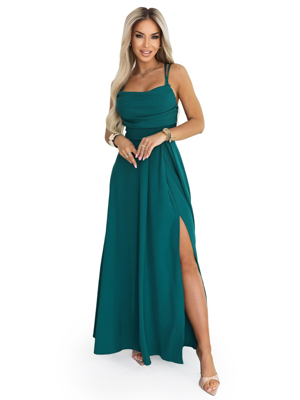 numoco Макси рокля с презрамки с корсетно закопчаване отзад и цепка - тъмнозелена