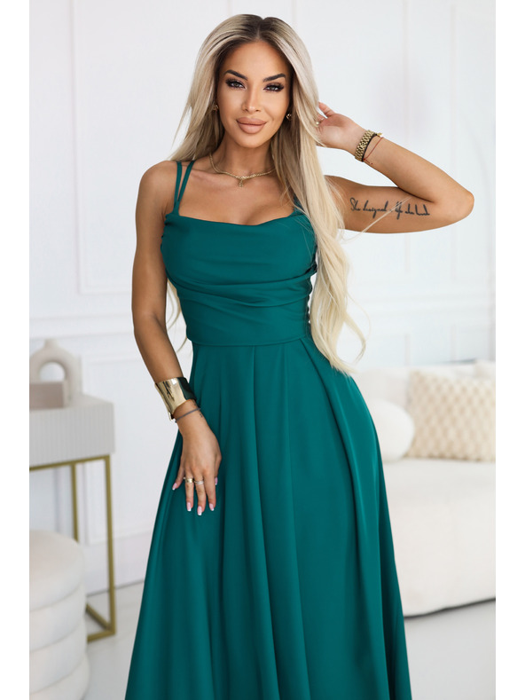 numoco Макси рокля с презрамки с корсетно закопчаване отзад и цепка - тъмнозелена