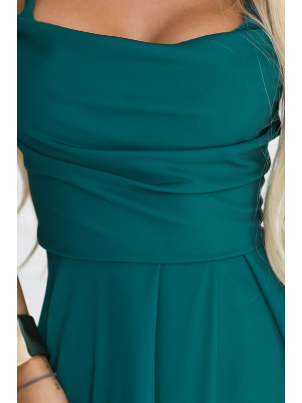 numoco Макси рокля с презрамки с корсетно закопчаване отзад и цепка - тъмнозелена