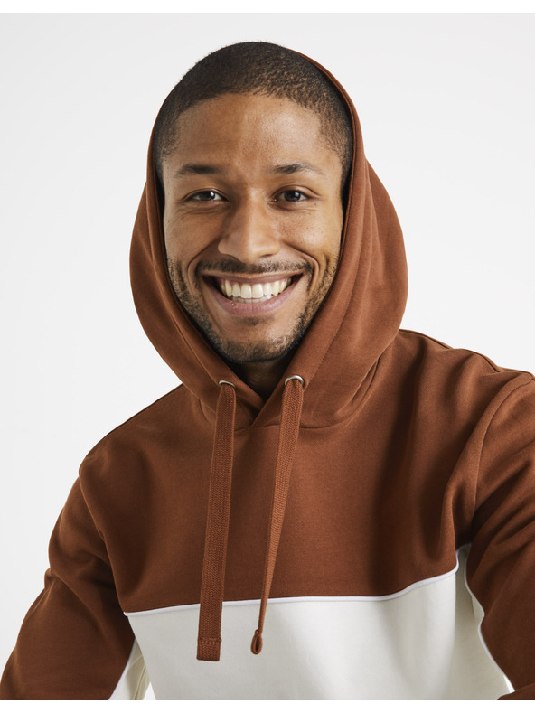 Celio Кафяво-бяла мъжка памучна блуза с качулка Celio Debiding